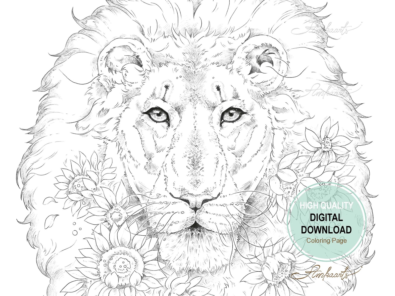 Lion and Sunflower Coloring Page Digital Download Coloring - Etsy