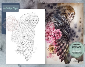 Kleurplaat Uil en Rozen: Fantasy Animal Art (digitale download)