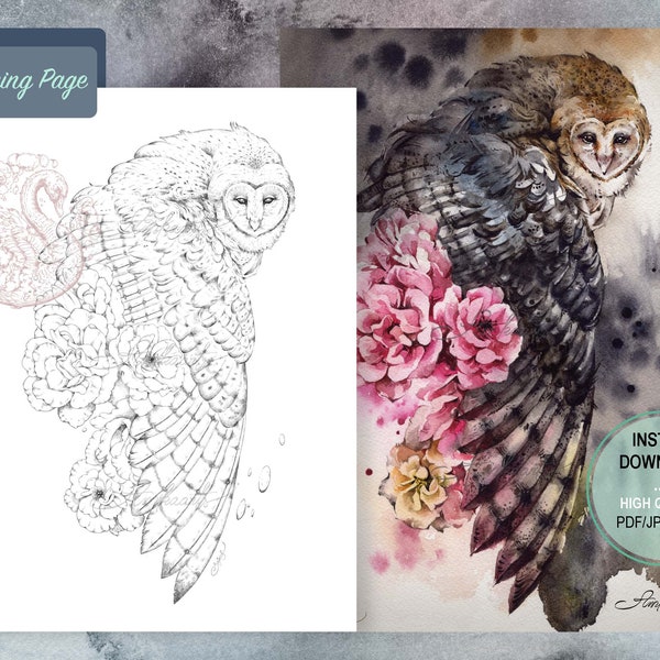 Eule und Rosen Malseite: Fantasy Tier Malvorlagen (Digitaler Download)