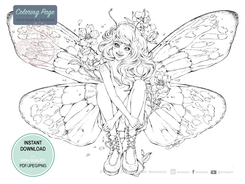 Butterfly Girl Coloring Page PDF JPG PNG Fairy Coloring for - Etsy