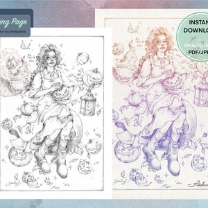 Puede incluir: Ilustración en blanco y negro y púrpura de una mujer sosteniendo una calabaza tallada, rodeada de calabazas, hojas y una linterna. La imagen incluye el texto "Coloring Page" y "Instant Download".