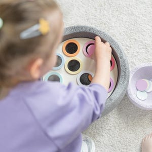 Könnte beinhalten: Ein Kind spielt mit einem Holzspielzeug mit bunten Ringen und einer passenden Schüssel gefüllt mit bunten Kreisen. Das Spielzeug ist so konzipiert, dass es Kindern hilft, ihre Feinmotorik und Hand-Augen-Koordination zu entwickeln.