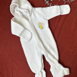 70s Vintage Fleece Baby Bunting: Rainbow Trim Mushroom Hood, 6-9M