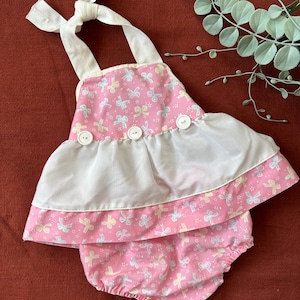 80s Vintage | Baby Two Piece Ribbons Bows Buttons Pink Halter Dress with Matching Bummie Made in USA 3-6M | Baby Kids Vintage Clothes