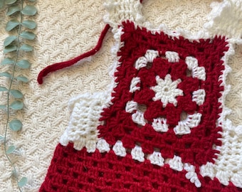 70s Vintage Crochet Baby Dress & Bonnet Set: Red and White Knit