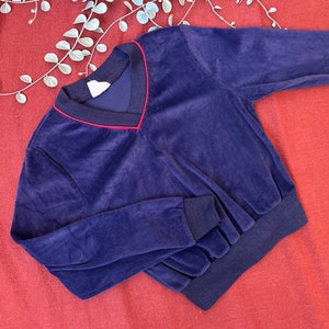 80s Vintage | Toddler Navy Blue Velour V-Neck Long-sleeve Sweater Shirt Sweatshirt with Red Piping 3T | Baby Toddler Kids Vintage Clothing