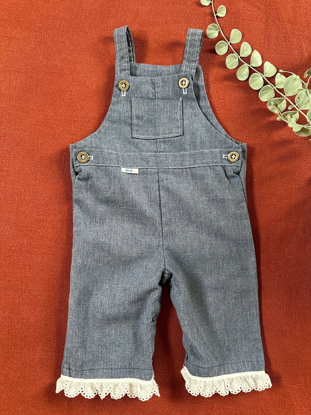 80s Vintage Baby Denim Overalls With Eyelet Lace Trim by Alexis Made in