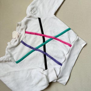 Vintage 1980s Girls Sweatshirt | Geometric Abstract Striped Pastel Pullover with Puffy Sleeve  Size 2-3T | Kids Vintage Clothing
