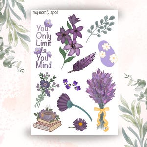 Stickervel lente | Boeken, bloemen, motiverende citaten | 11 paarse stickers voor planner, BUJO en scrapbooking