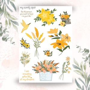 Foglio di adesivi primaverili / Libri, fiori, citazioni motivazionali / 12 adesivi gialli per planner, BUJO, scrapbooking