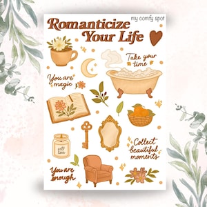 Pegatinas "Romantize Your Life" / Hoja de pegatinas estéticas de autocuidado acogedor, pegatinas imprimibles para diario y scrapbooking, regalos bonitos