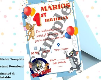 Animated Tom & Jerry Birthday Invitation | Editable Digital Invite | Instant Download | Printable Template