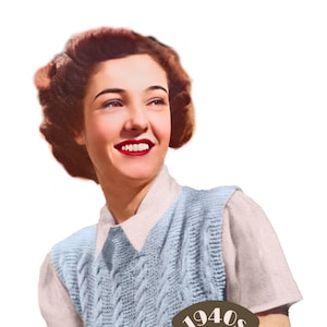 May include: A woman wearing a light blue cable knit sleeveless sweater with a white collared shirt underneath. The sweater has a V-neck and is worn over a white shirt. The image is from a vintage pattern book called "1940s The Workbasket Vintage Patterns".