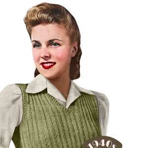 May include: A vintage image of a woman wearing a light green knitted vest over a white collared shirt. The vest has a V-neck and a vertical ribbed pattern. The image includes the text "1940s THE WORKBASKET Vintage Patterns".