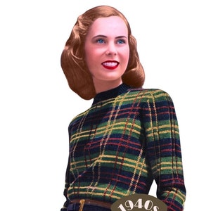 Puede incluir: Un patrón de suéter vintage a cuadros de los años 1940 de The Workbasket Vintage Patterns. El suéter es un tejido a cuadros negro, verde, amarillo y rojo con cuello alto y mangas largas.