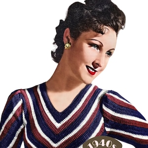 Könnte beinhalten: Ein Vintage-Häkelmuster für einen gestreiften Pullover mit V-Ausschnitt. Das Muster stammt aus den 1940er Jahren und ist bei The Workbasket Vintage Patterns erhältlich.