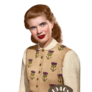 Peut inclure: Un modèle de tricot vintage pour un pull sans manches pour femme avec un motif floral. Le modèle date des années 1940 et est intitulé "The Workbasket Vintage Patterns".