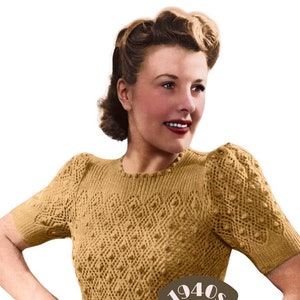 May include: A vintage knitting pattern for a brown sweater with a diamond pattern and puffed sleeves. The pattern is from the 1940s and is titled "The Workbasket Vintage Patterns".