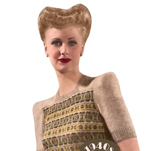 Puede incluir: Suéter beige de estilo vintage con mangas cortas y canesú estampado en verde, amarillo y marrón. La imagen incluye el texto "1940s THE WORKBASKET Vintage Patterns."