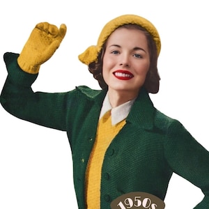 May include: A woman wearing a green cardigan with yellow buttons, a yellow sweater, a yellow headband, and brown pants. She is smiling and waving. The image has the text "1950s THE WORKBASKET Vintage Patterns".