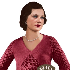 May include: A vintage knitting pattern for a red sweater with a diamond pattern. The pattern is from the 1930s and is from The Workbasket Vintage Patterns.