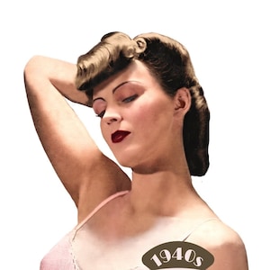 May include: A vintage 1940s pink bra with lace trim. The bra is shown on a model with her arm raised above her head. The image is from The Workbasket Vintage Patterns.