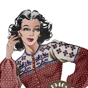 Può includere: Un modello di maglia vintage degli anni '40 per un cardigan con un design floreale e di uccelli colorato. Il modello è di The Workbasket Vintage Patterns.