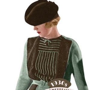 1930s with the exquisite Continental Three-Piece Suit knitting pattern. Originally crafted in stunning shades of turquoise and brown, this pattern includes detailed instructions to knit the jacket, blouse, skirt, and belt.