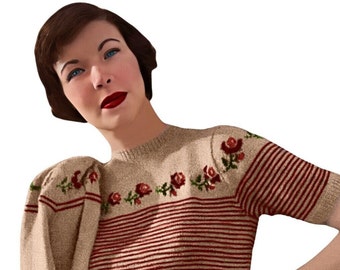 1950s Trimmed With Roses Twin Set Knitting Pattern