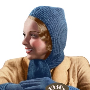 May include: A vintage knitting pattern from the 1930s for a blue knitted hat, scarf, and gloves. The pattern is from The Workbasket, a magazine of vintage patterns.