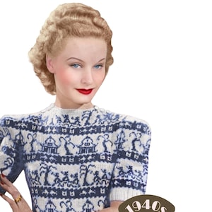May include: A woman wearing a white and blue patterned sweater with a 1940s The Workbasket Vintage Patterns logo.
