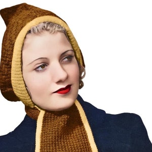 Pode incluir: Um padrão de tricô vintage para um chapéu e uma echarpe de tricô marrom e amarelo. O padrão é da década de 1930 e é intitulado "The Workbasket Vintage Patterns".