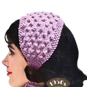 May include: A purple knitted headband with a textured design. The headband is tied in a bow at the back of the neck. The image includes the text "1950s THE WORKBASKET Vintage Patterns".