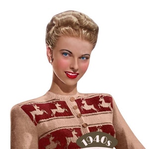 May include: A vintage knitting pattern for a cardigan featuring a reindeer design. The pattern is from the 1940s and is titled "The Workbasket Vintage Patterns".