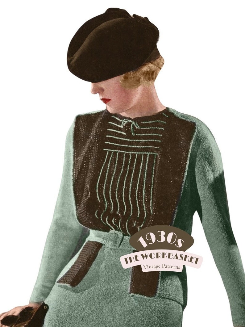 1930s with the exquisite Continental Three-Piece Suit knitting pattern. Originally crafted in stunning shades of turquoise and brown, this pattern includes detailed instructions to knit the jacket, blouse, skirt, and belt.