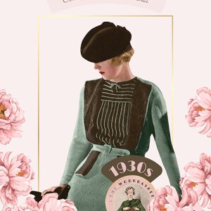 1930s with the exquisite Continental Three-Piece Suit knitting pattern. Originally crafted in stunning shades of turquoise and brown, this pattern includes detailed instructions to knit the jacket, blouse, skirt, and belt.