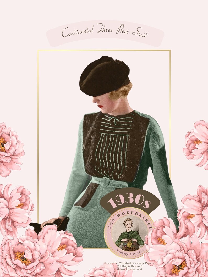 1930s with the exquisite Continental Three-Piece Suit knitting pattern. Originally crafted in stunning shades of turquoise and brown, this pattern includes detailed instructions to knit the jacket, blouse, skirt, and belt.