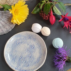 Small round dish with a cheery red or blue glaze and embossed fish design Blue