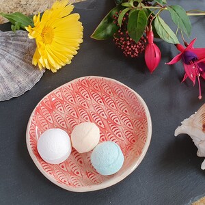 Small round dish with a cheery red or blue glaze and embossed fish design Red