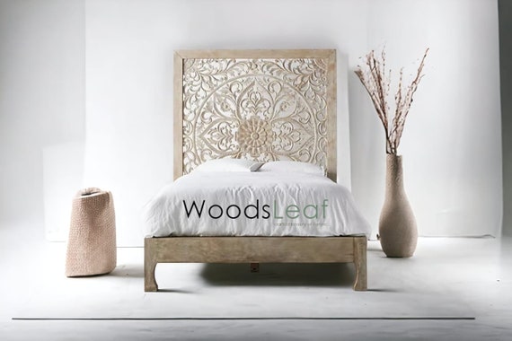 Furniture White Washed Rustic Solid Wood Platform Bed With Flower