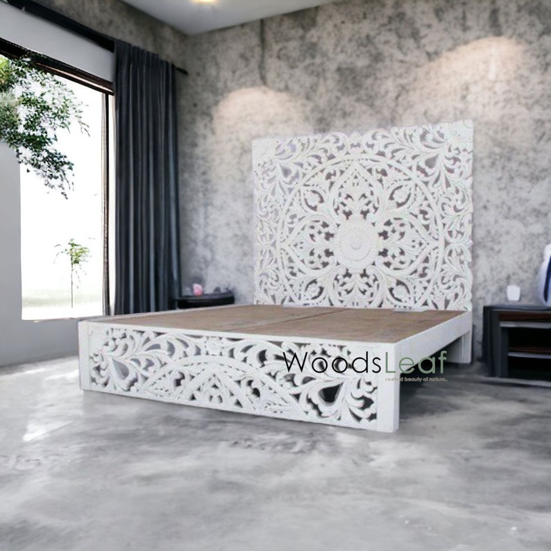 Indian Carving Wooden Platform Bed Frame Furniture White Washed Rustic