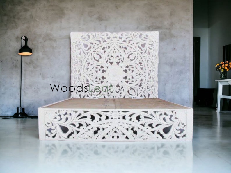 Indian Carving Wooden Platform Bed Frame Furniture White Washed Rustic