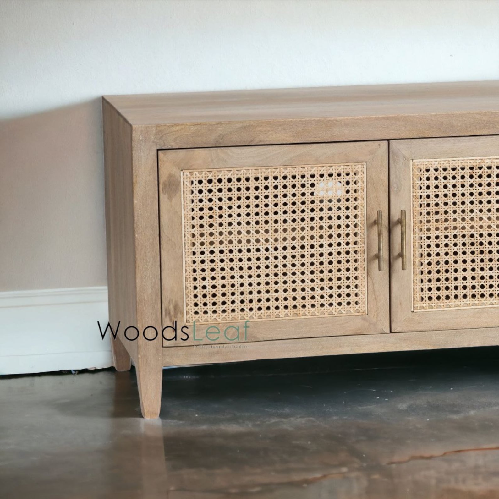 Handmade Natural Cane Tv Console Wooden Door Home Décor Mango Wood
