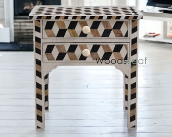 Handmade Bone Inlay Bedside Table/ Nightstand Table Wooden Drawer Home Décor