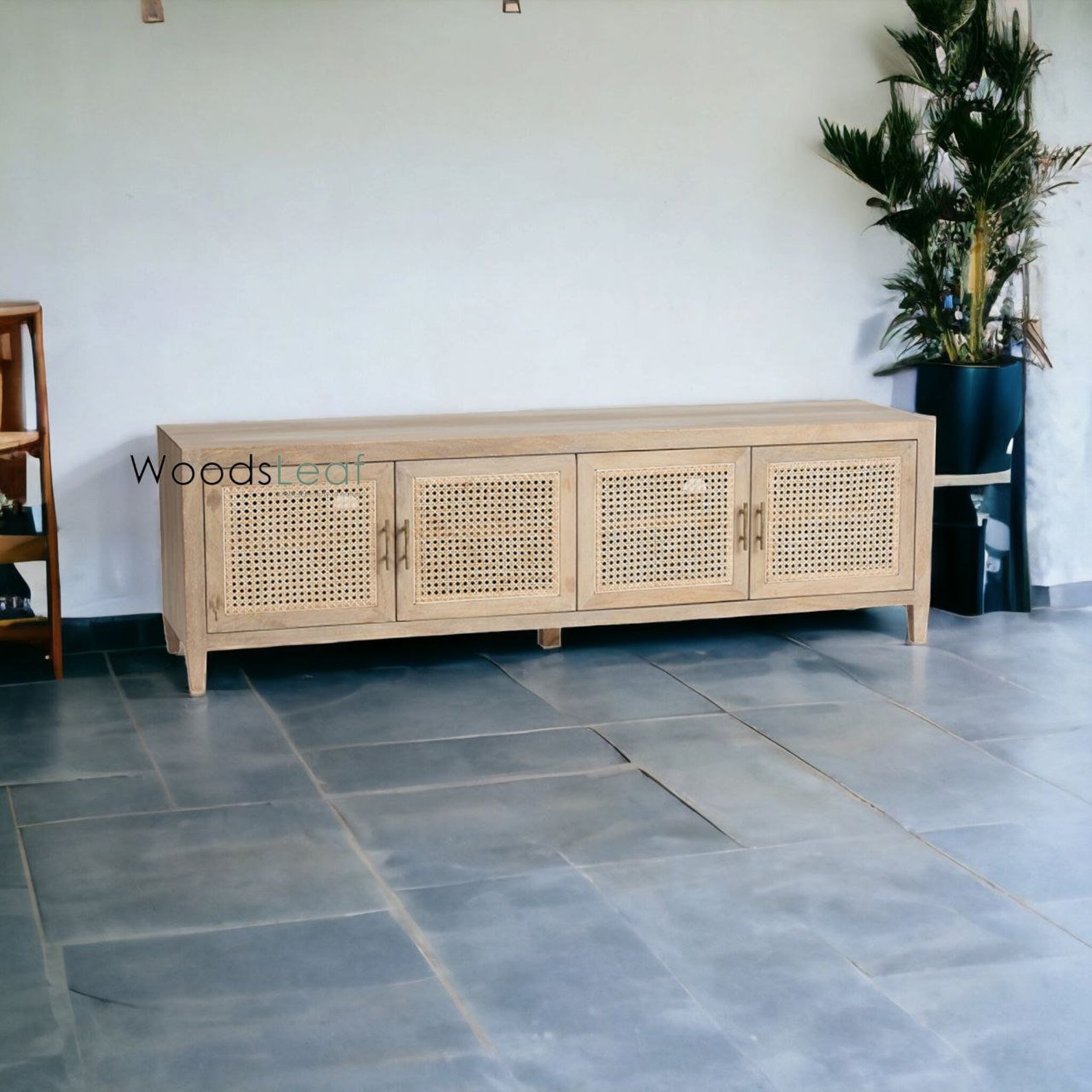 Handmade Natural Cane Tv Console Wooden Door Home Décor Mango Wood