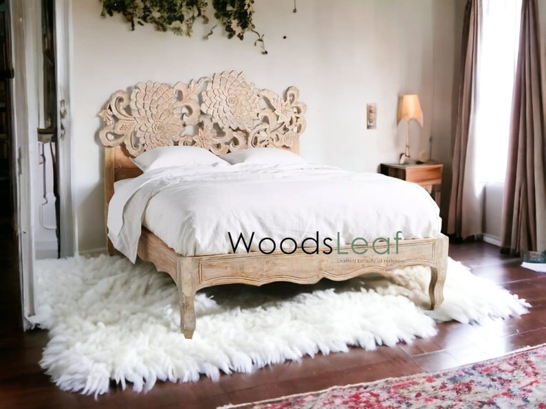 Handcarved Solid Wood Bed Flower Design Carving Bed Carving Furniture