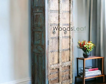 Handmade Vintage Antique Solid Wood Cabinet  Carved Cabinet Finish Rustic Cabinet Carved Design White Distressed 2 Door