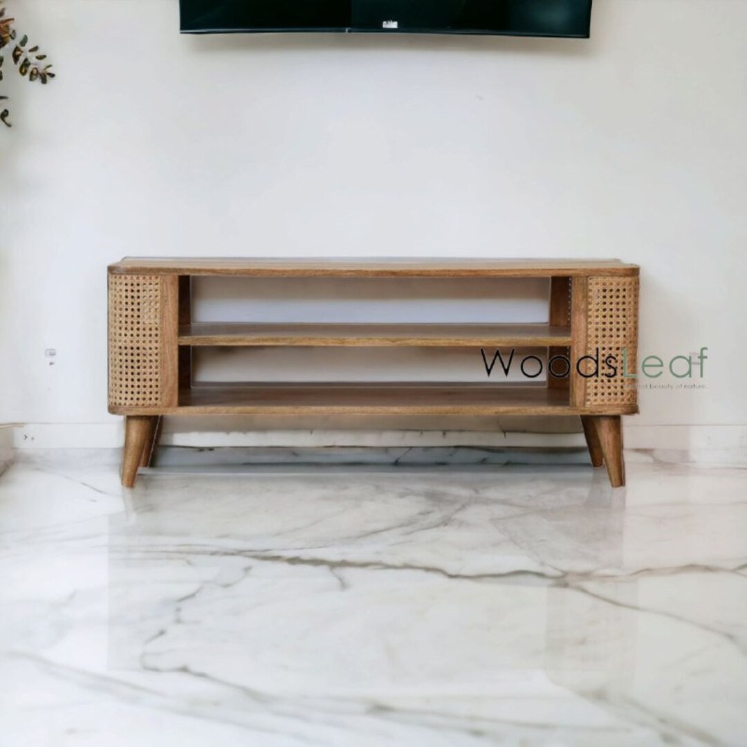 Handmade Natural Cane Tv Console Wooden Door Home Décor Mango Wood