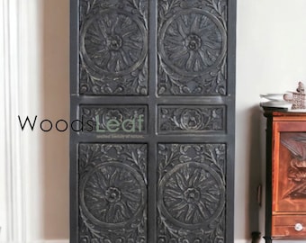 Handmade Vintage Antique Solid Wood Cabinet  Carved Cabinet  Distressed Finish Rustic Cabinet Carved Design Distressed 2 Door