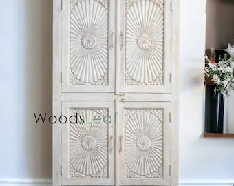 Handmade Vintage Antique Solid Wood Cabinet  Carved Cabinet  Distressed Finish Rustic Cabinet Carved Design Distressed 2 Door